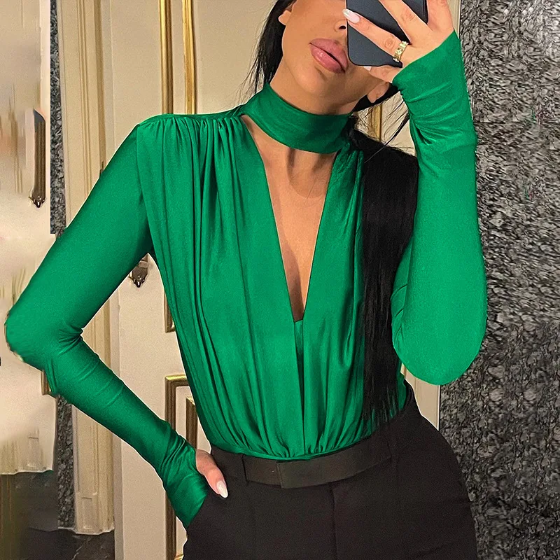 Women's Spring New Sexy V Neck Slim Bottoming Spliced Long Sleeve Jumpsuit Solid Color Lined Casual Double Layer High Waist Sheath