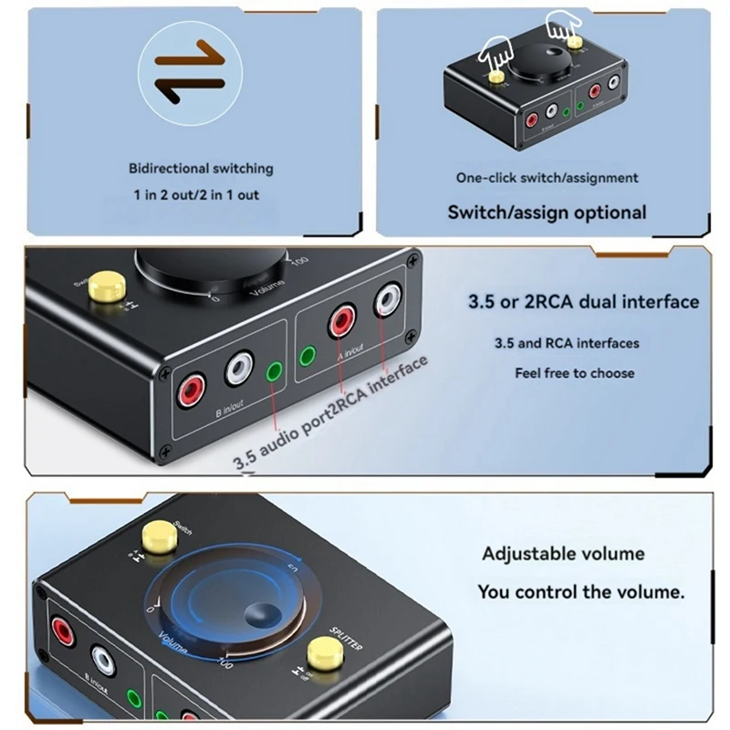 3.5Mm To 2RCA Audio Switcher Bidrectional Switcher 1 In 2 Out Or 2 In 1 Out Dual RCA To 3.5Mm Splitter Switcher