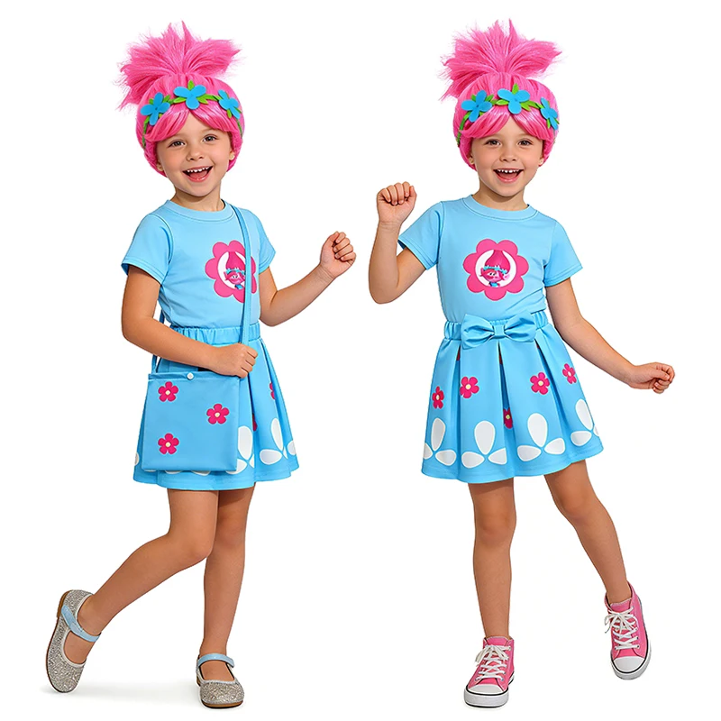 

Cartoon Princess Poppy Dress Up Fancy Girls Outfits T-Shirt + Floral Print Pleated Skirt Halloween Carnival Party Kids Clothes