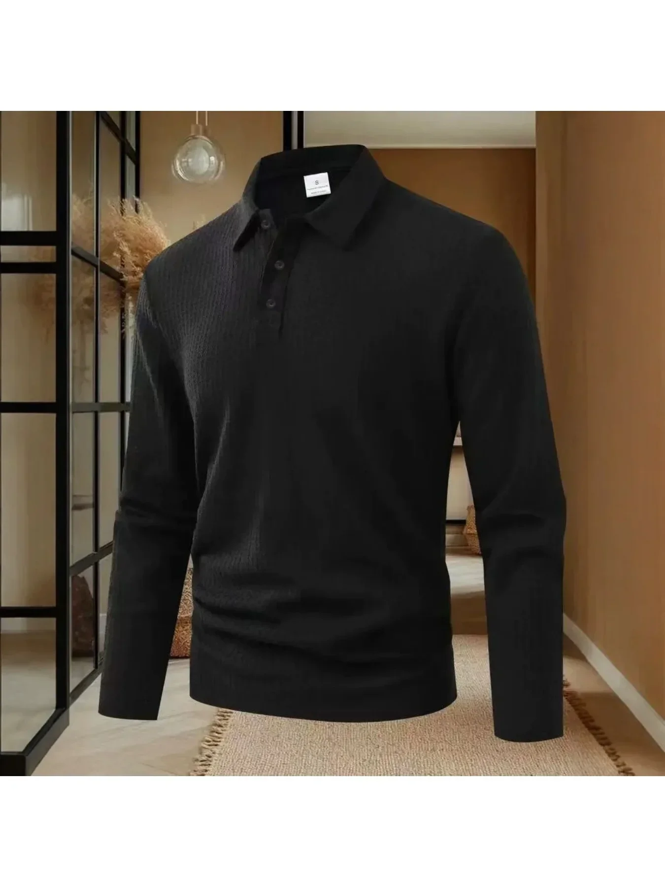 Men's Long Sleeve Waffle Knit Polo Shirt Oversized Casual Textured Pullover Solid Color Streetwear Spring Autumn