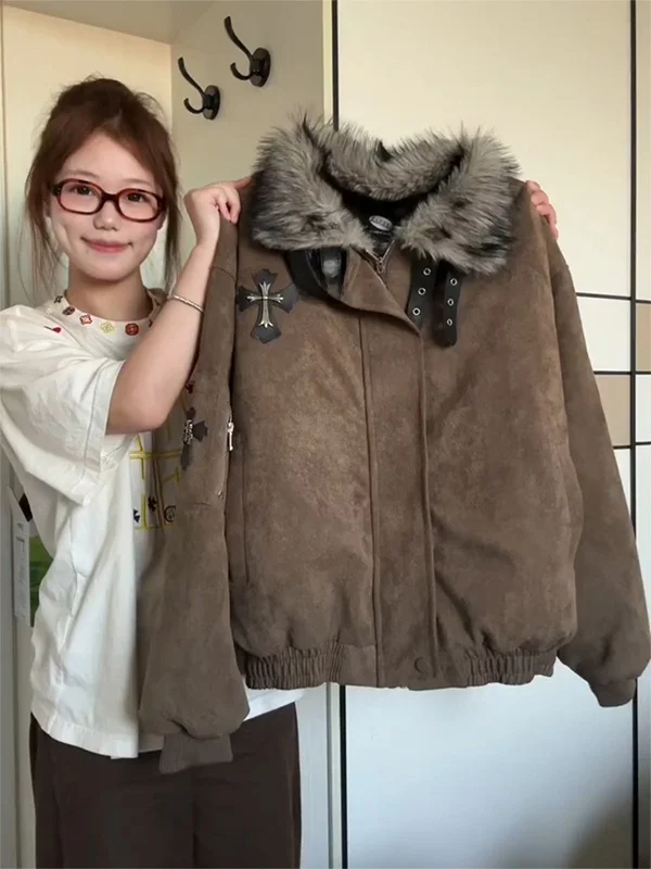 

Retro Brown Coffee Color Fur Collar Mountain Eagle Jaet Women's Thiened Cotton Coat Winter High-End Cross Cotton Jaet