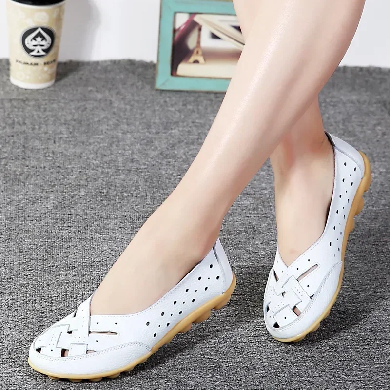 

2024 New Women's Casual Sandals Fashion Soft Soled Shoes Women's Hollow Flat Soled Shoes Women's Genuine Leather Shoes Size 44