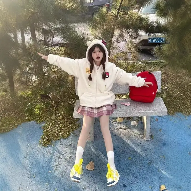 كيتي القط التطريز مقنعين القطن لامب الصوف معطف Y2K المرأة سستة الاتجاه سترة النساء الشتاء سميكة الملابس الدافئة