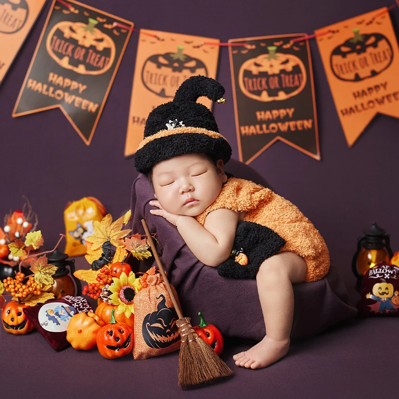 Newborn Halloween Costume Baby Pumpkin Jumpsuit+Hat Cute Ghost Original Design Photography Props Soft Infants Photography Outfit