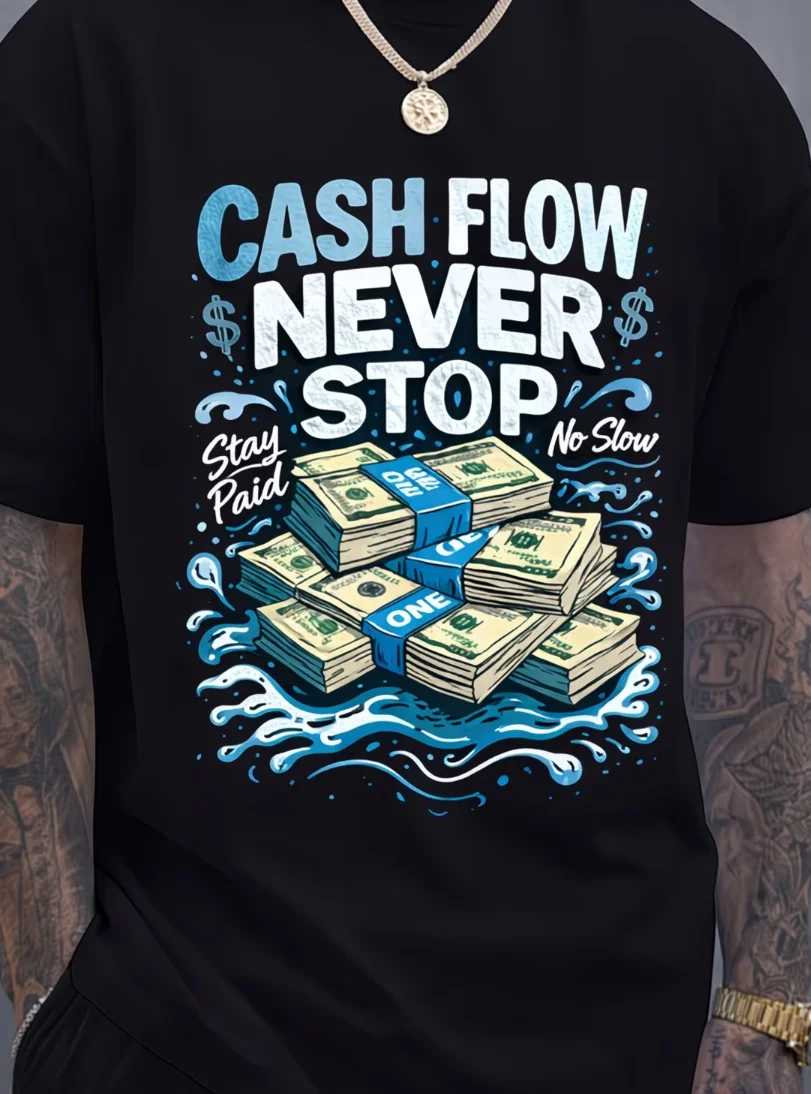 Unisex T-Shirt Bold Personality Statement, Money Wealth Themed Print Hip-Hop Style Golden Coin and Dollar Bill Slogan T-Shirt