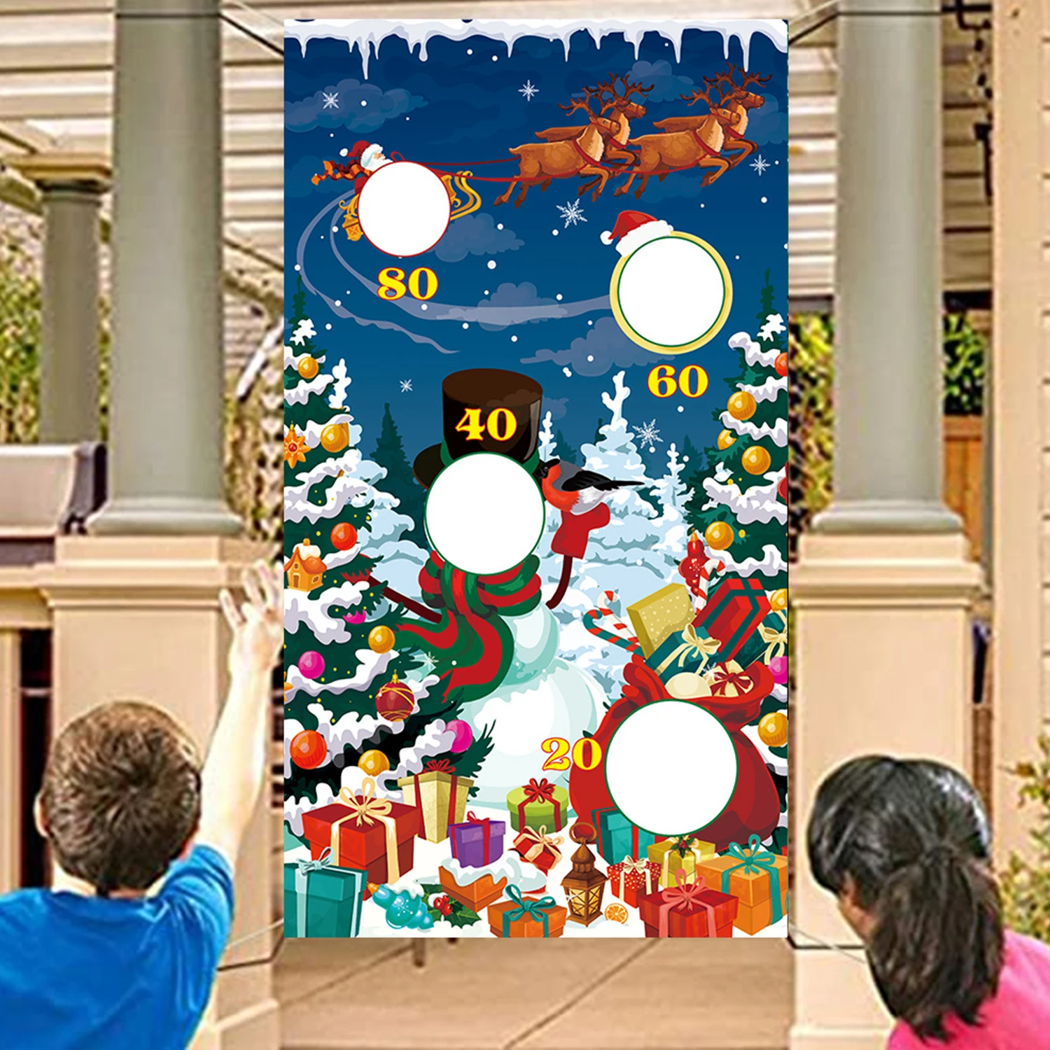 

1PC Christmas Snowman Backdrop Cloth Festive Holiday Decor with Christmas Tree Santa Claus Elk & Gift Box - Tabletop Scene Decor