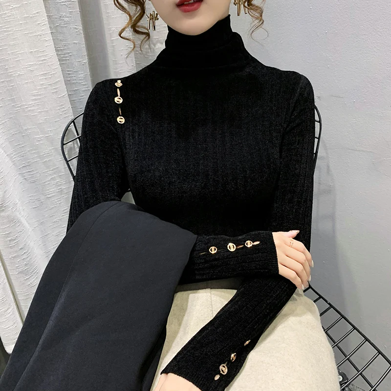 Knitwear Women's Thickened Warm Pullover Turtleneck Solid Color Sweater Autumn Winter Bottoming Shirt Button Decoration Slim Fit