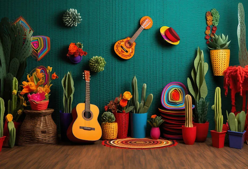 Mehofond Photography Background Mexican Western Saguaro Cactus Guitar Pink Floral Kid Birthday Party Decor Backdrop Photo Studio