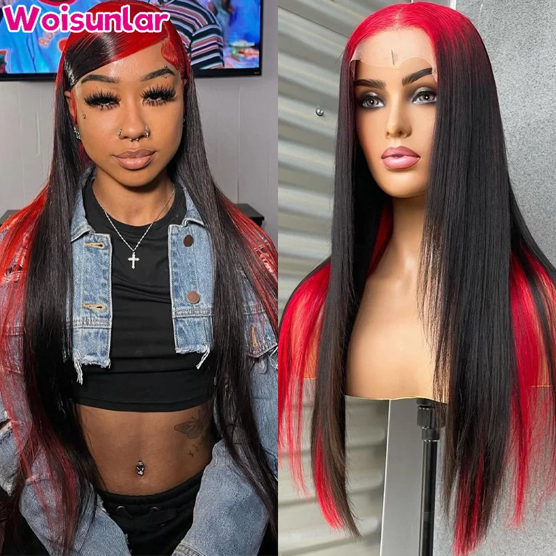 Red Ombre Highlight Colored Straight Lace Front Human Hair Wigs Red Black 13X4 transparent Lace Front Wig Remy Brazilian hair