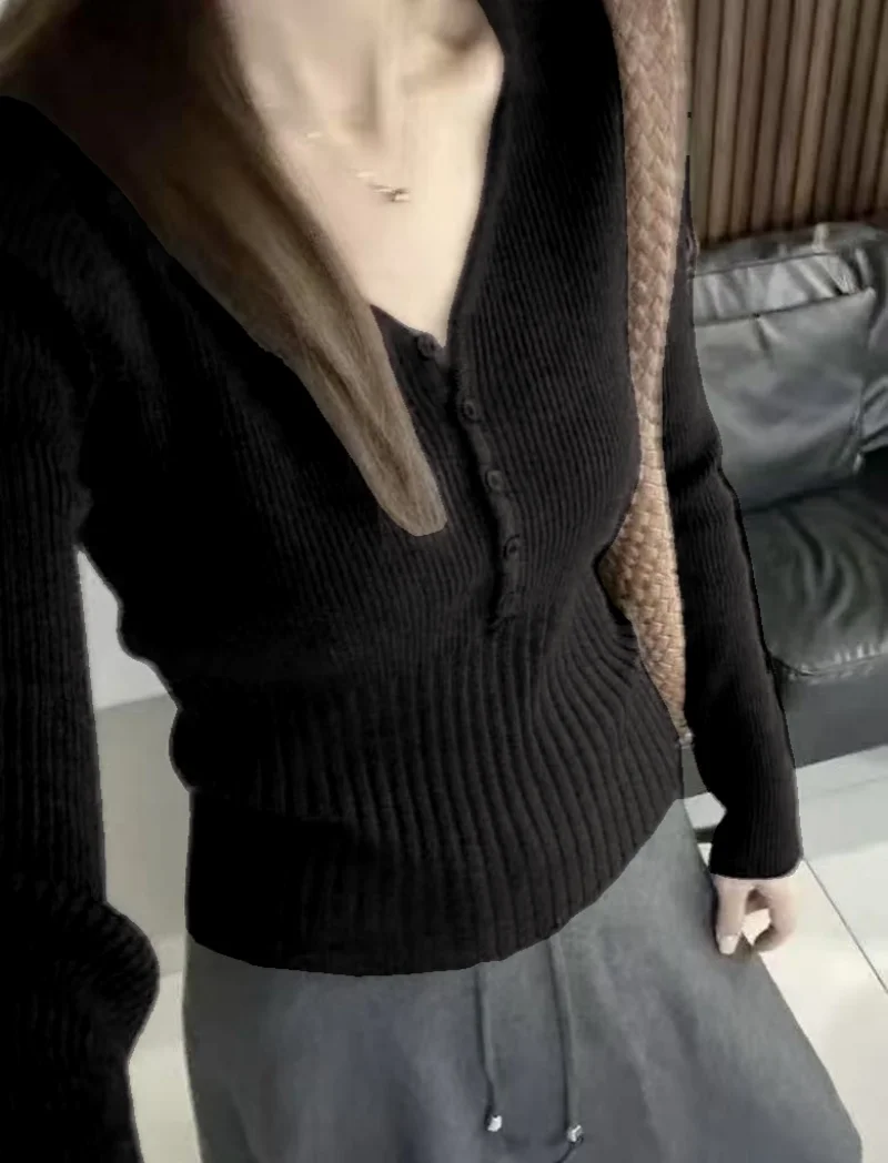 Camisola de malha feminina pullovers nova manga longa com decote em v preto camisola de malha pulôver feminino topos malhas sueters de mujer q976