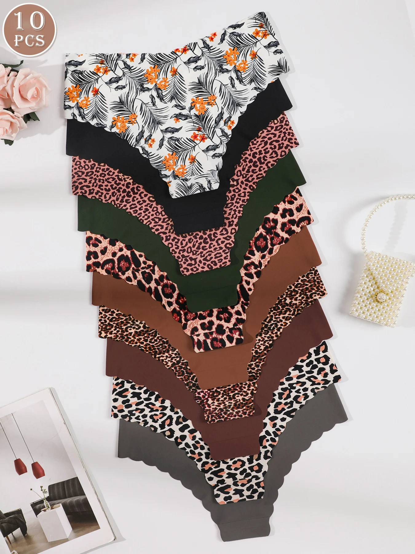 10 قطع النساء سلس حافة متموجة تنفس مريحة لينة النسيج مثير سراويل مثلث #2