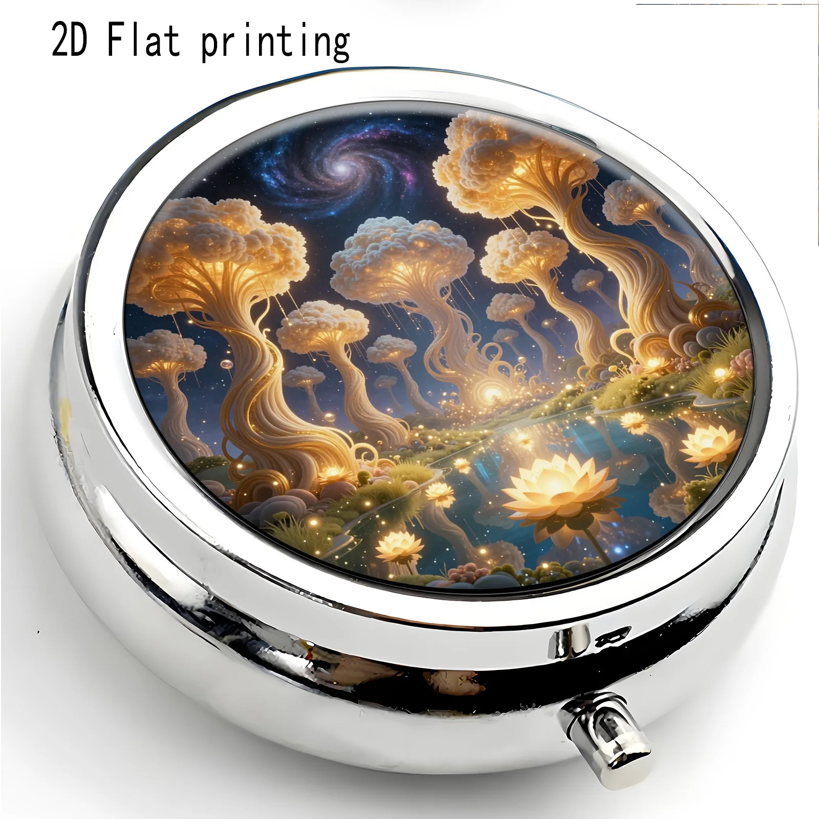 Single-piece, flat-printed, fantasy glow-in-the-dark mushroom-shaped three-compartment storage box, portable pill box, small accessory storage box, suitable for handbags or travel, a must-have for dreamers and those full of inspiration, flat design