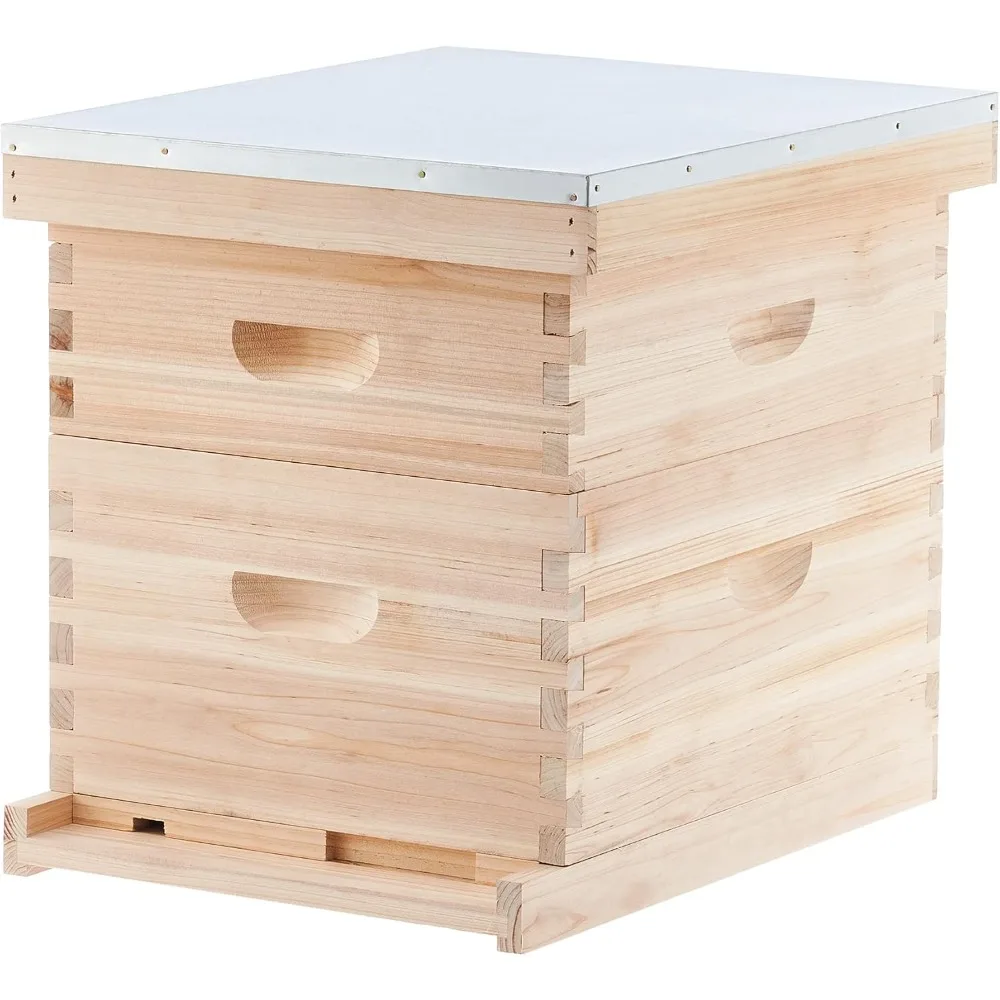 Bee Hive Boxes 10 Frame, Bee Keeping Starter Kit with Beehive Frames and Foundation, 2 Layers Complete Bee Hive Kit