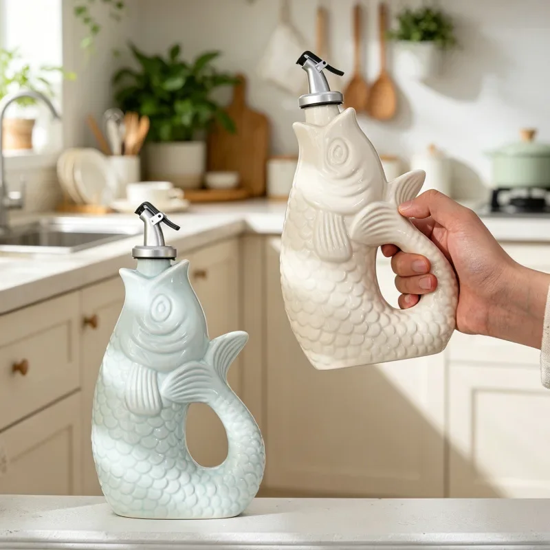 Japanese Creative Fish-shaped Ceramic Olive Oil Dispenser Household Kitchen Soy Sauce and Vinegar Bottle Decorative Ornaments