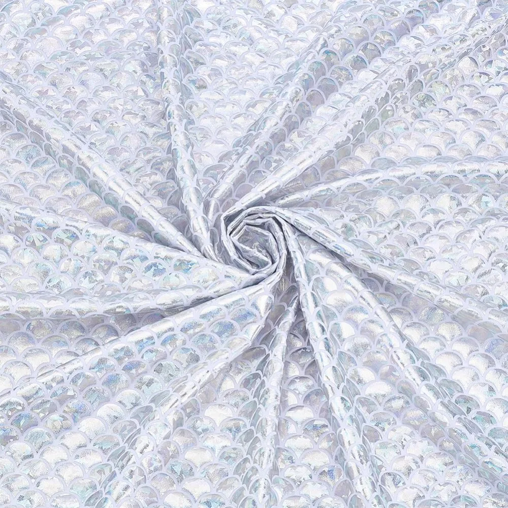 

Серебристая ткань с эффектом рыбьей чешуи, стрейч, переливающаяся, 1.7 ярда шириной, с блестящим принтом, спандекс