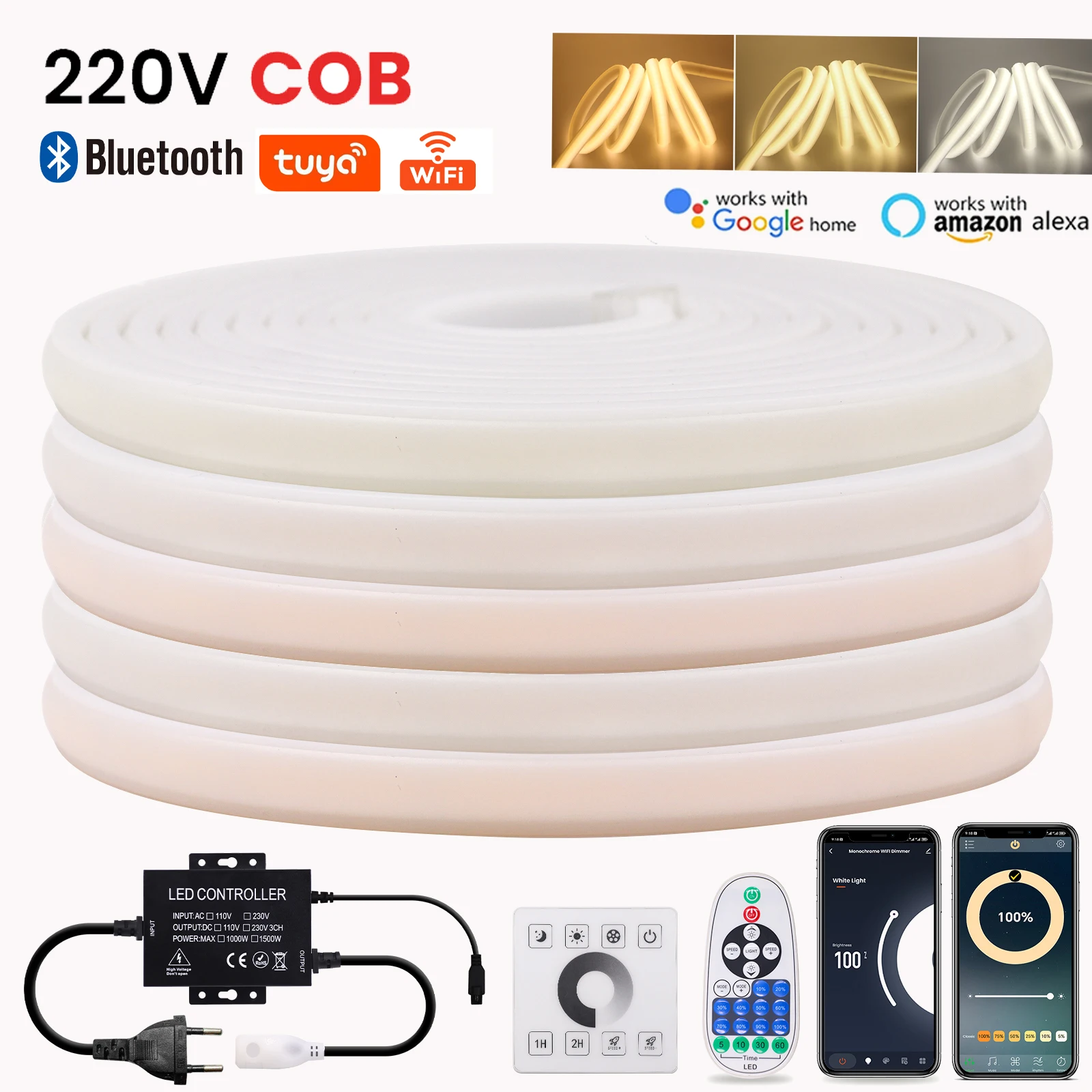 

Светодиодная лента COB 220В с регулировкой яркости, Bluetooth, Tuya WIFI, настенный сенсорный пульт с 23 кнопками, комплект с пультом ДУ, 288 светодиодов, водонепроницаемая, гибкая лампа для домашнего декора