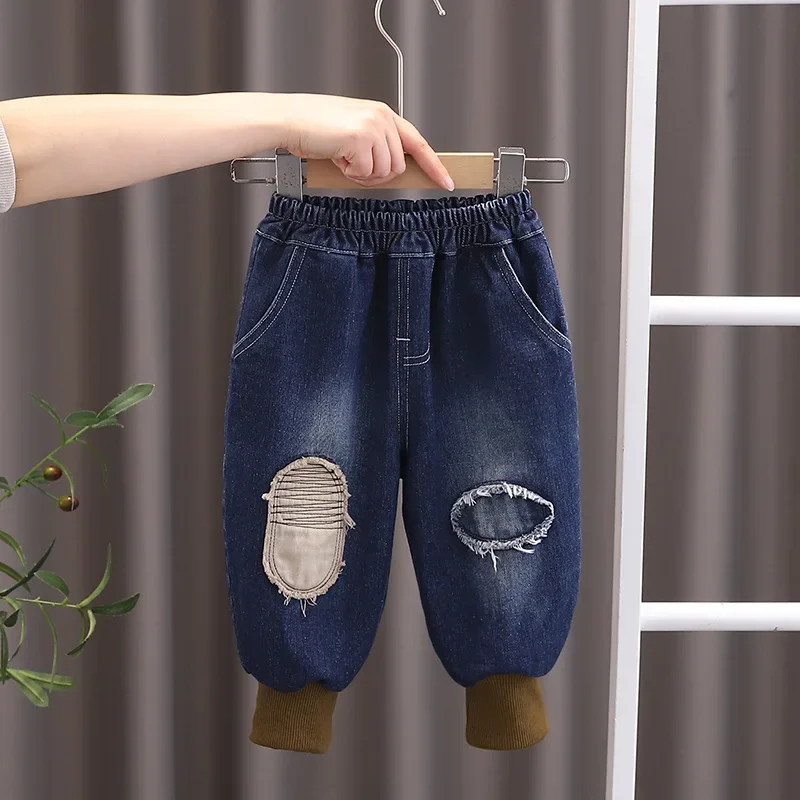 

2024 Spring Autumn New Kids Baby Boys Fashion Jeans Ripped Patchwork Denim Jogger Pants Children's Casual Trousers Clothing