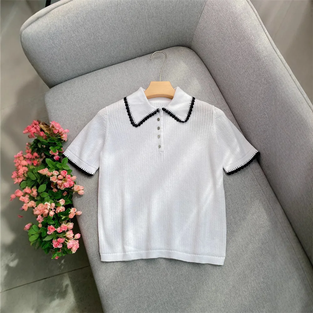 Damska koszulka z dzianiny z klapami, krótkie rękawy, modne, codzienne bluzki damskie.