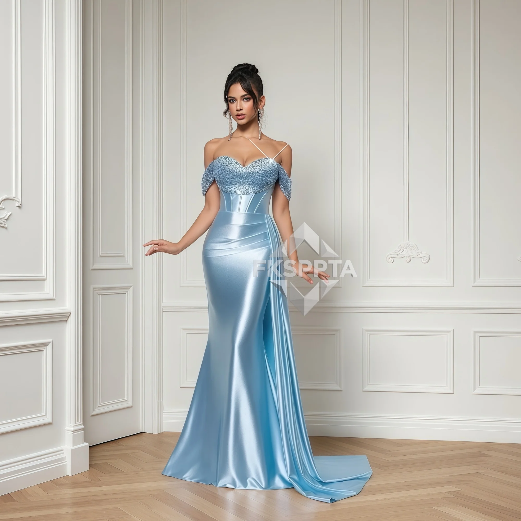 Vestido de Noche Largo Azul Celeste Brillante 2026, Escote Corazón, Hombros Descubiertos, Satén con Cuentas, Tul, Estilo Sirena, para Ocasiones Especiales