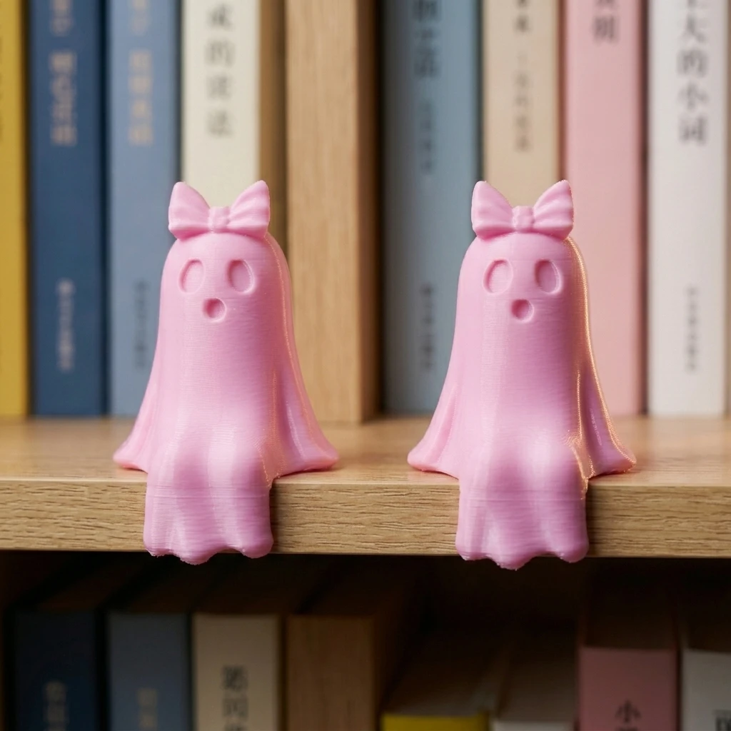 Cute Pink Ghost with Bow Shelf Sitter 3D Printed Halloween Ghost Figurine Desk Edge Decor Spooky Room Ornament Gift