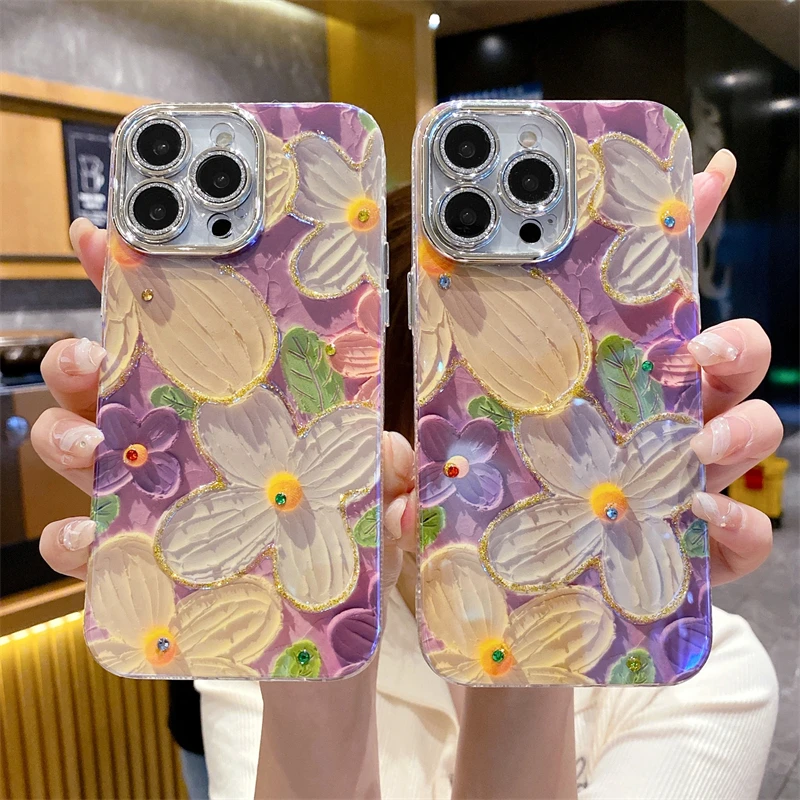 Luxury Fashion Purple Flowers Laser Phone Case For iPhone 15 Pro Max 14 13 12 11 Glitter Diamond Soft Shockproof Bumper Cover