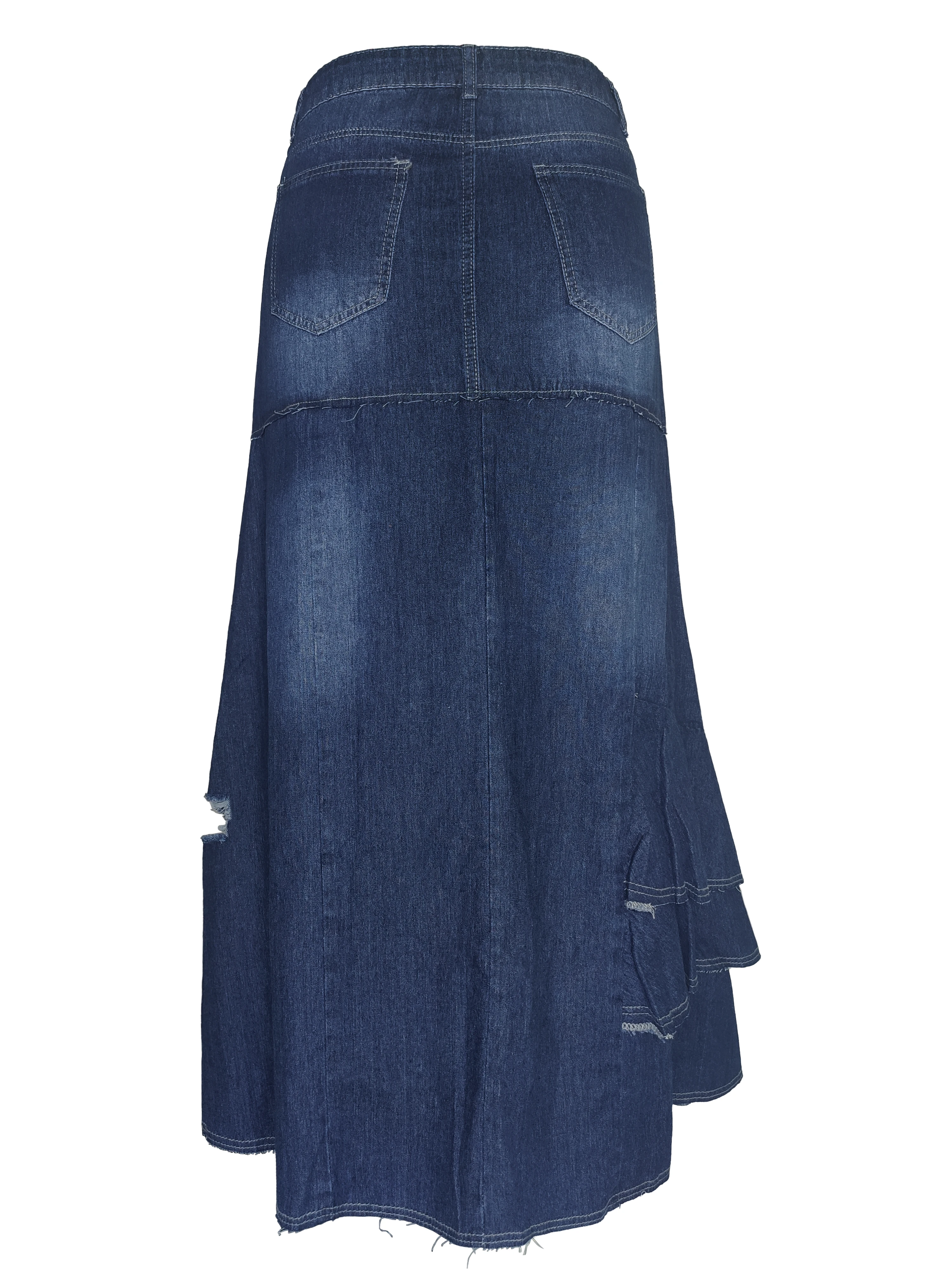 Women Denim Maxi Skirt High Waist Vintage Washed Patchwork Frayed Ripped Irregular Ruffle Mermaid Long Jean Skirt Streetwear - view 4