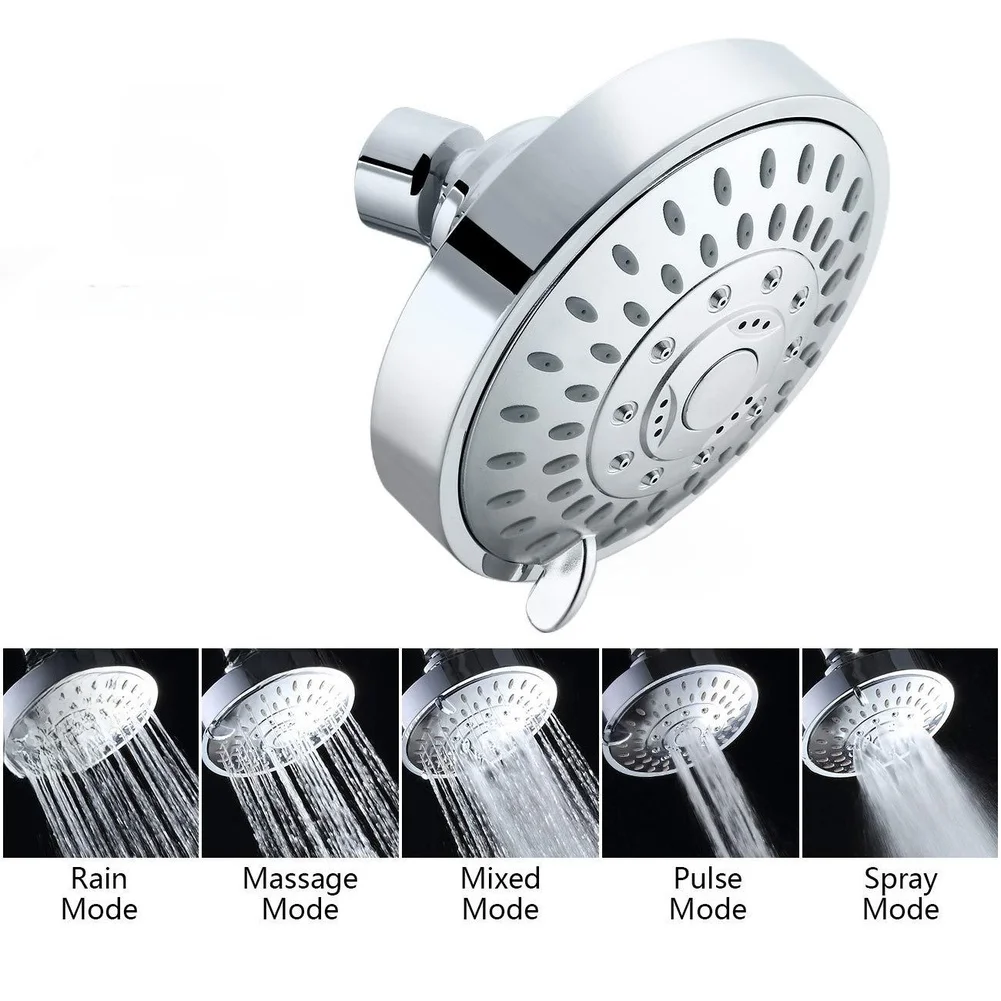 ABS Construction Chrome Shower Head with 5 Spray Options Rain Massage Mist Bubble and Optimized Internal Flow Path for Stability