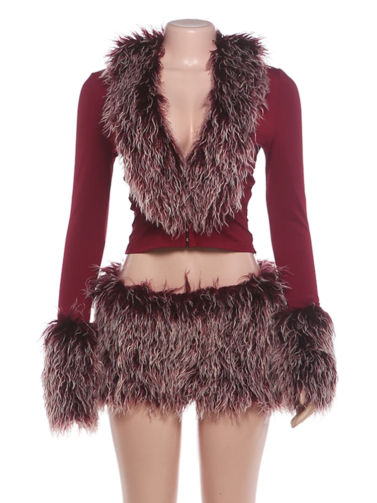 Weird Puss Herbst Neuer Stil 2-teiliges Set Damen Plüsch-Patchwork Tief Ausgeschnittenes Langarm-Crop-Top + Minirock Sexy Modische Outfits – Detail 3