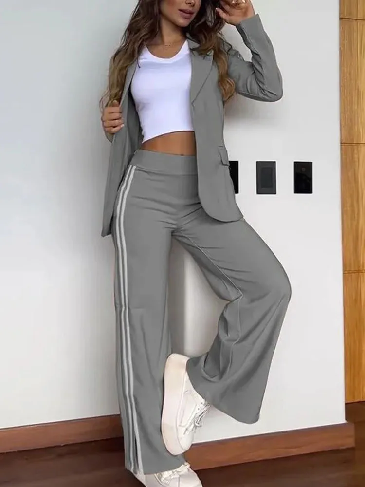 Women\'s Two-piece Set Fall Winter Casual Pantsuit Fashion Splicing Stripes Slit Wide Leg Trousers Female Suit Sports Clothing