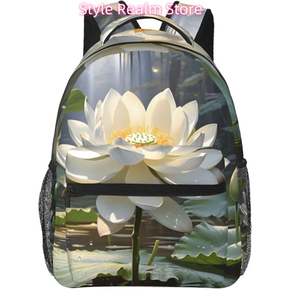 

Легкий рюкзак для ноутбука с цветком белого лотоса, легкий многоцелевой дорожный повседневный рюкзак, унисекс, студенческие рюкзаки для мужчин
