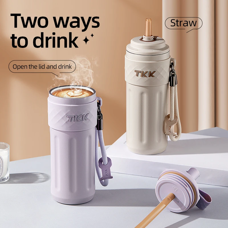 كوب مفرغ ببطانة داخلية من السيراميك TKK 500 مللي/16.09 أونصة SUS316، مع إبريق حراري من القش، غلاية معزولة محمولة مانعة للتسرب