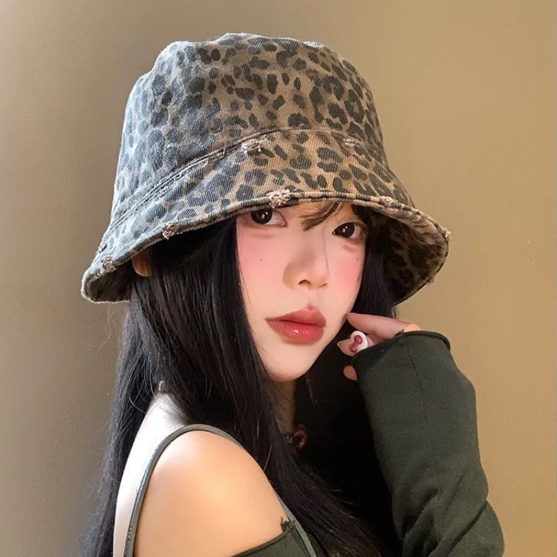 Personalidade japonesa leopardo impressão balde chapéu feminino primavera e outono novo retro casual guarda-sol panamá bob boné gorras
