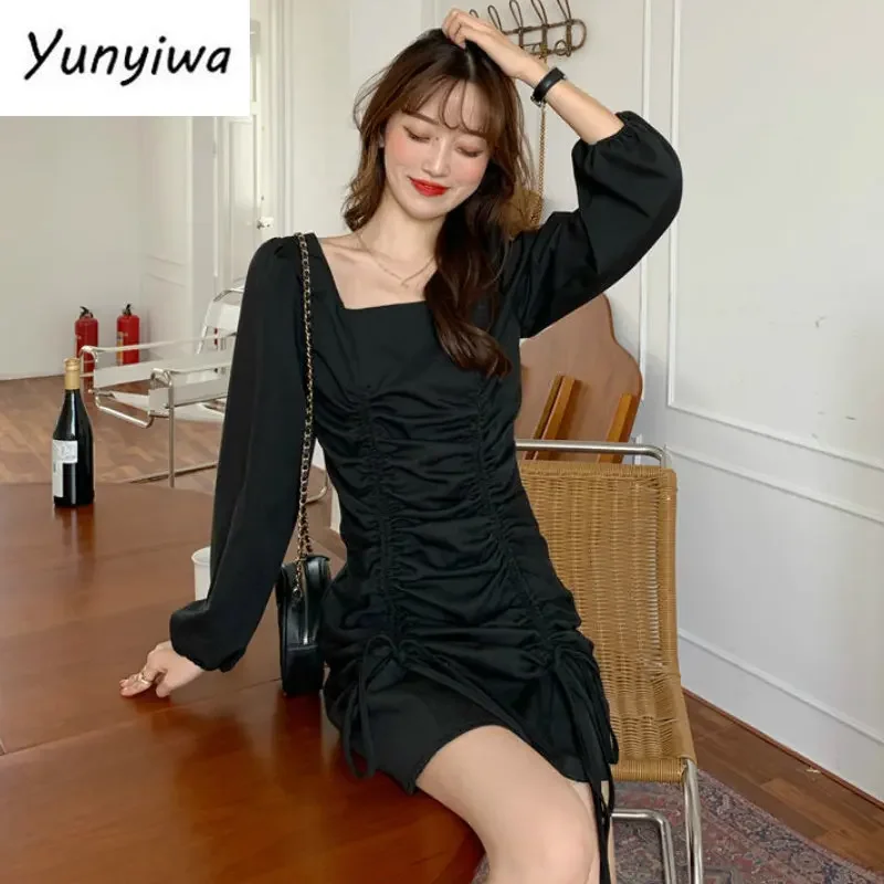 Dress Women Long Sleeve Solid Young Square Collar Summer Pleated Sexy Womens Mini Dresses Elegant Sweet