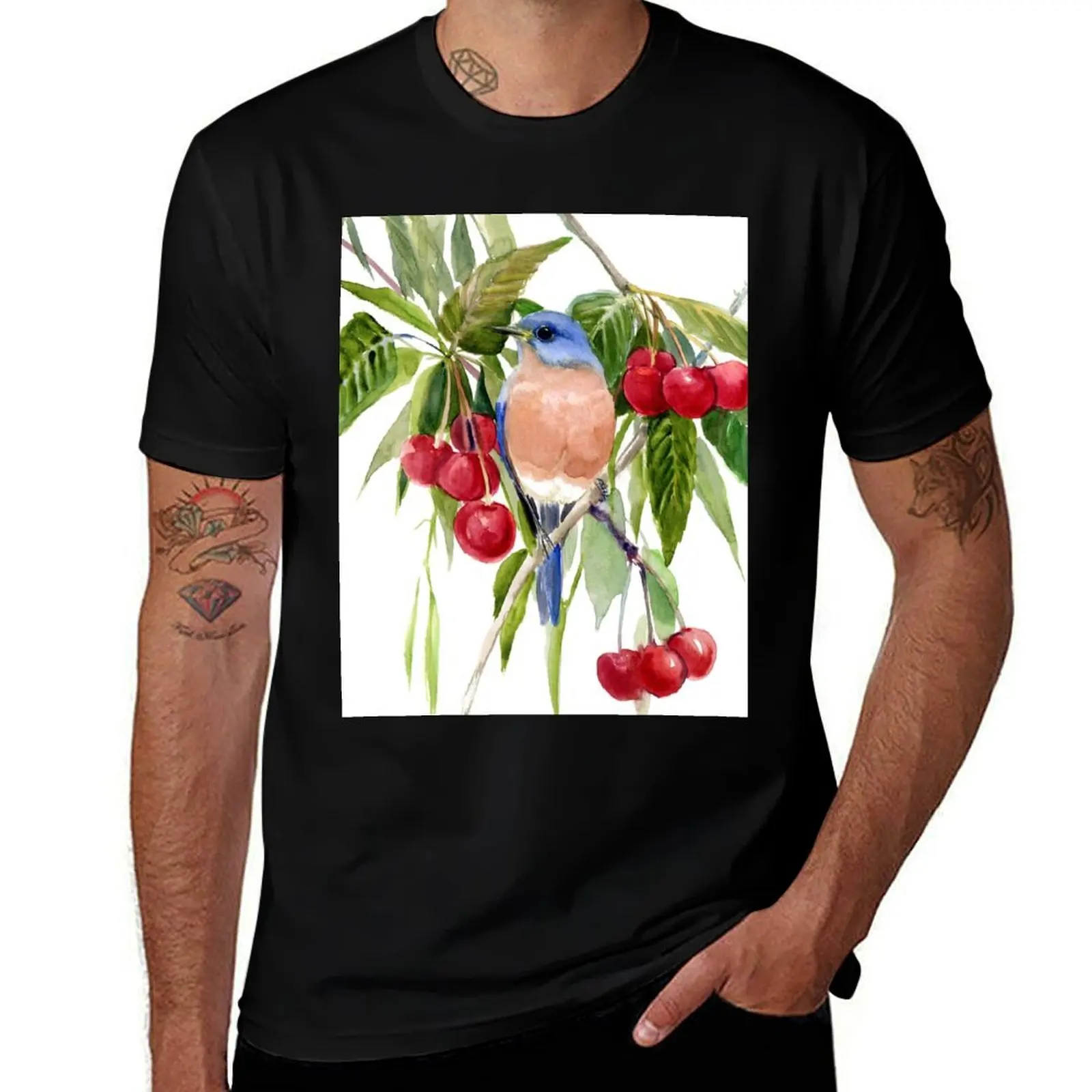 

Bluebird and Cherries T-Shirt t shirt for man man t shirts cotton T-shirt