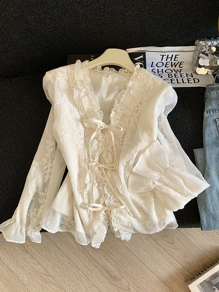 French Elegant Ruffles Shirts Women Spring Floral Embroidery Bandage V Neck Blouse Female Lace Patchwork Long Sleeve Fashion Top