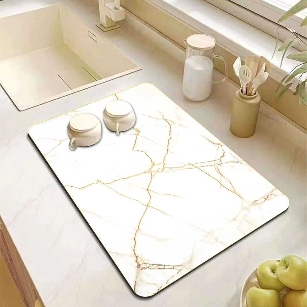 Diatomite Mud Pad with Golden Marble Lines Absorbent Drying Mat Kitchen Counter Coffee Bar Dishwashing Sink Tabletop Decor