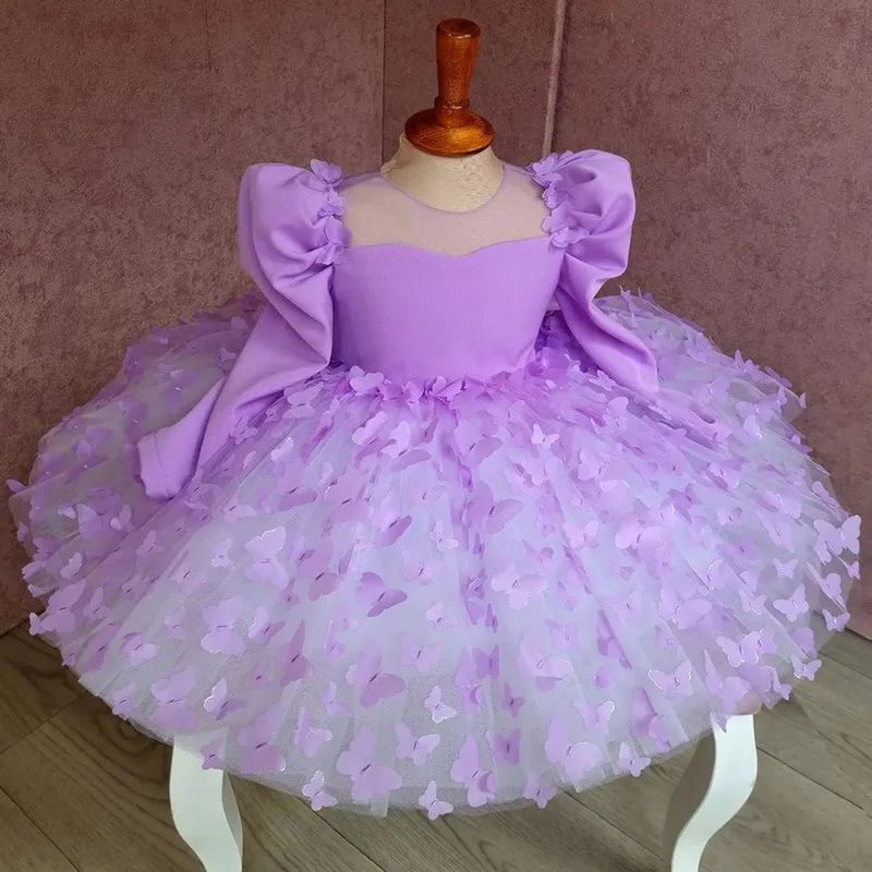 Paarse prinses tutu jurk voor meisjes kralen baby bloemenmeisje grote strik lange mouwen kleine meisje 1e verjaardag feestjurk