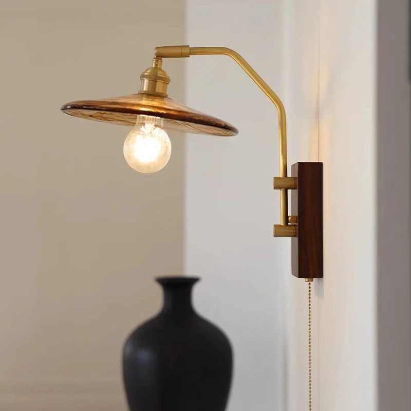 French Retro Copper Rotatable Wall Light LED Amber Glass Lampshade Living Room Bar Counter Homestay Bedside Indoor Decor Sconces