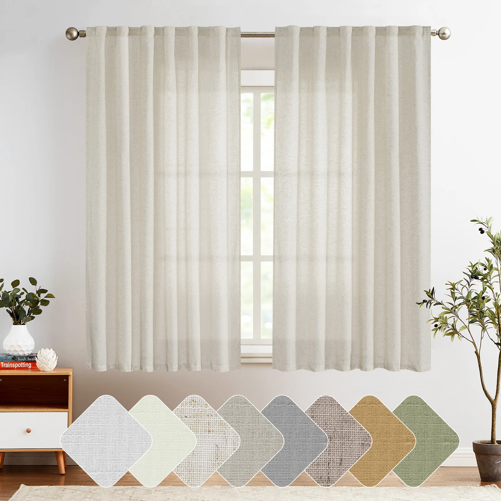 JINCHAN 127*160CM Linen Blend Curtains For Living Room Bedroom Farmhouse Rod Pocket Back Tab Light Filtering Window Drapes 1PCS