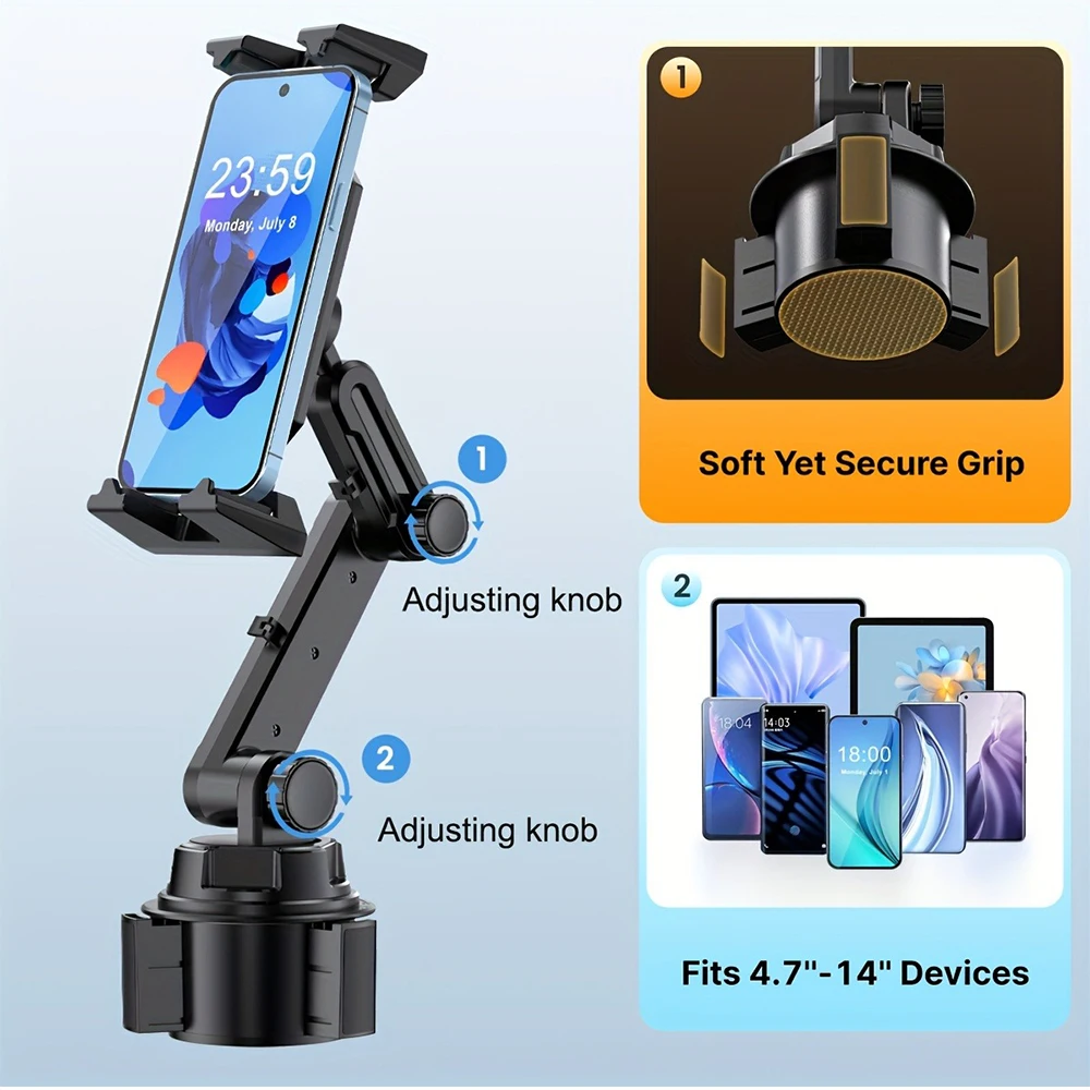 Car Cup Holder Phone Tablet Mount Stand Universal Cradle for 4-14 Inch Devices Safe Stable Driving Navigation Support System