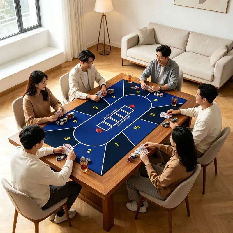 VIKAMA Texas Holdem Poker Table Mat Blue Floral Swirl Print Non‑Slip Foldable Game Tabletop Pad for Home Party Game Decor