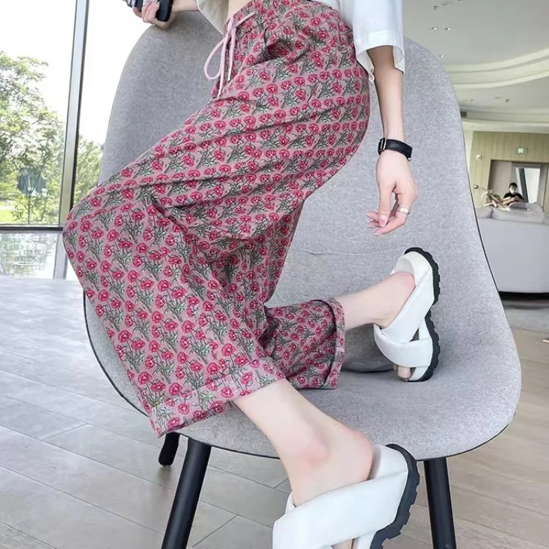 New Arrival 2026 Summer Floral Wide Leg Pants High Waist Vintage Beach Trousers Women Loose Comfort Pants