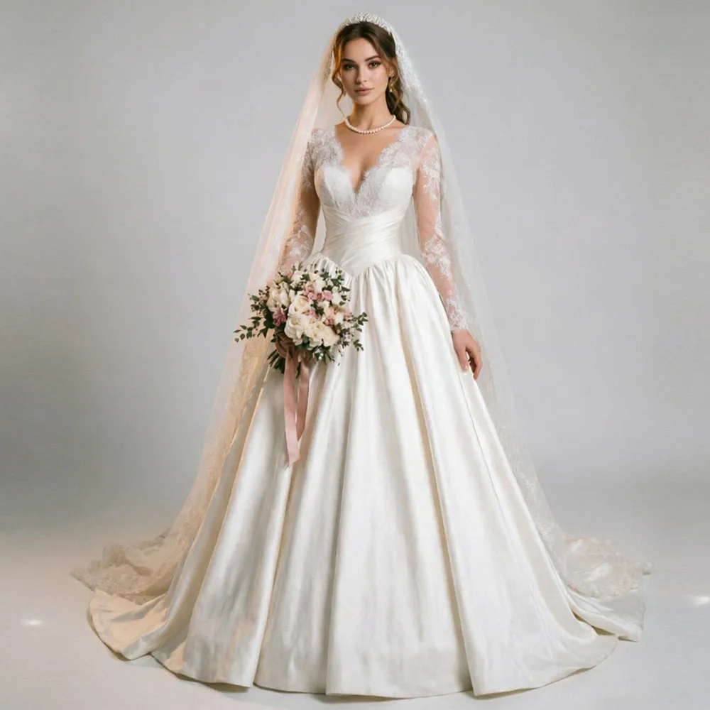 

Eightale Arabic Wedding Dress V-Neck Customized Ivory Bridal Gown Long Sleeves Muslim Appliques A-Line Lace Bride Party Dress