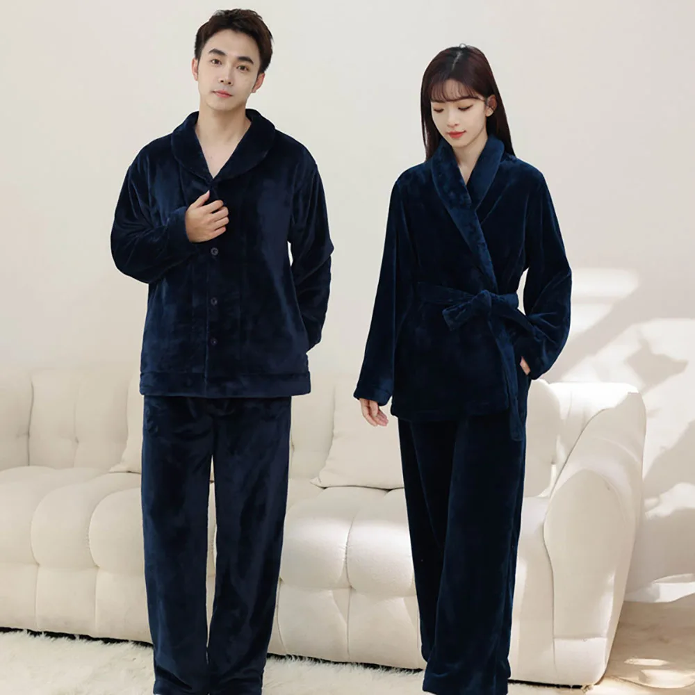 Simple Solid Flannel Home Couple Pajamas Winter Long Sleeve Trousers V-neck Coral Velvet Thick Warm Sleepwear Set For Women Men