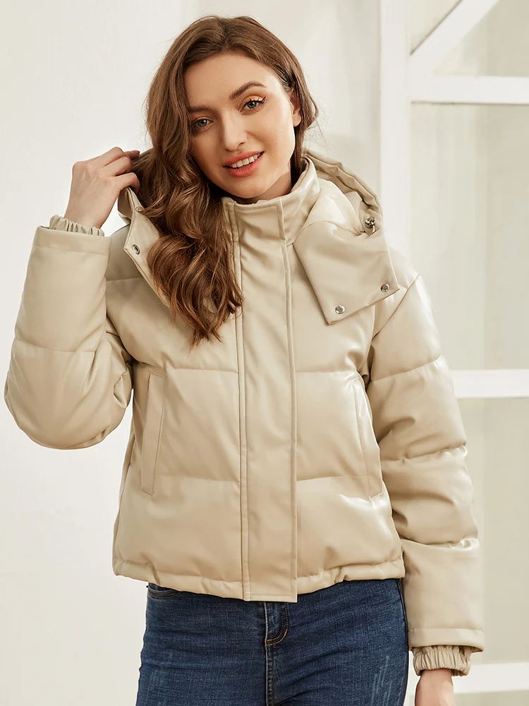 Jmprs Fashion Hooded Women Pu Parkas Winter Thick Bomber Coat Warm Faux Leather Black Cotton Padded Down Jacket Outwear