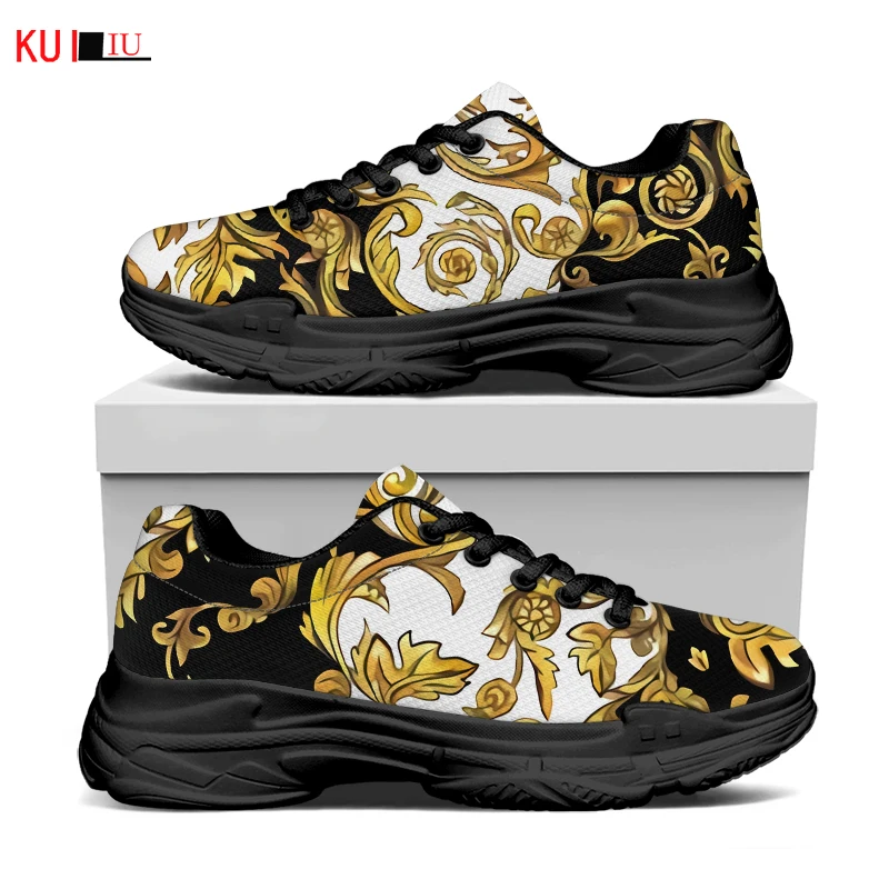 

KUILIU Retro European Gold Floral Women Platform Sneaker Increase Flat Track Trainers Paris Fashion Brand Designer Sport Shoes