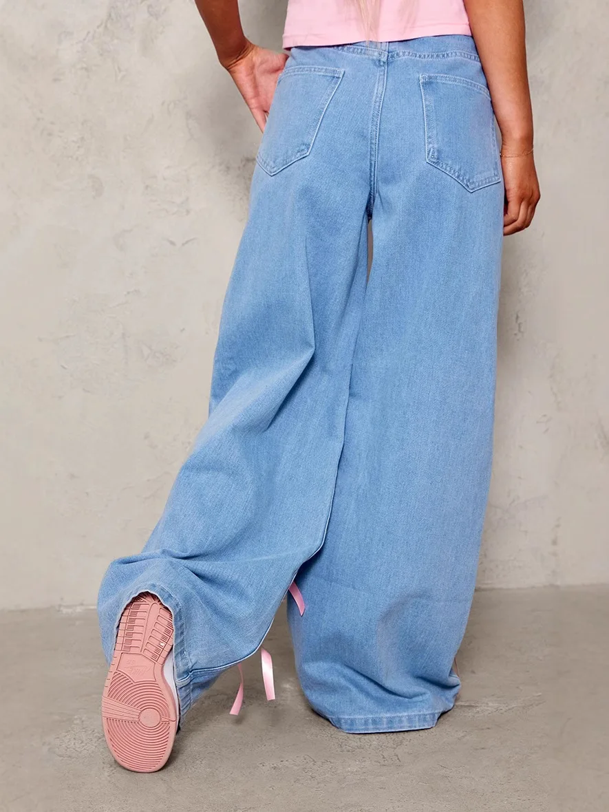 Spring Autumn Bow Y2k Jeans Women Wide Leg Long Pants High Waist Straight Trousers Streetwear Elegant Casual Loose Party Club