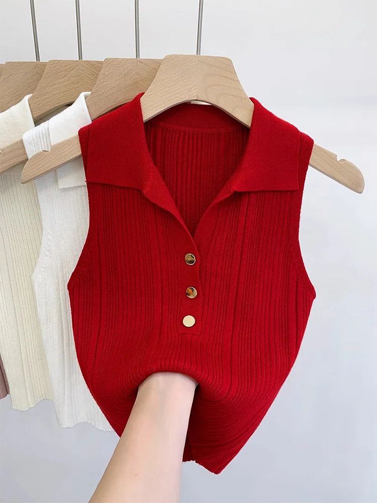 

Collar Knitted Vest Women's Summer Slim Fit Svel Inner Wear Base irt Unique Exquisite Outerwear ort Length