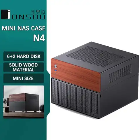 JONSBO-Mini carcasa NAS N4, placa base de M-ATX, estructura de división de molduras de madera de nogal, 6 bahías de disco duro grandes y 2 pequeñas, 120mm x 1 ventilador
