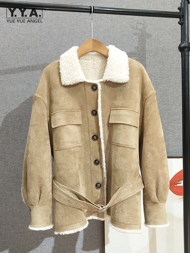 

Модная женская зимняя утепленная двусторонняя однобортная замшевая меховая куртка с отложным воротником, шерстяная свободная повседневная женская верхняя одежда